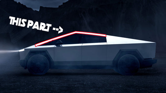 Tesla Cybertruck highlighted cantrail issue in a dark setting with attention drawn to specific part.