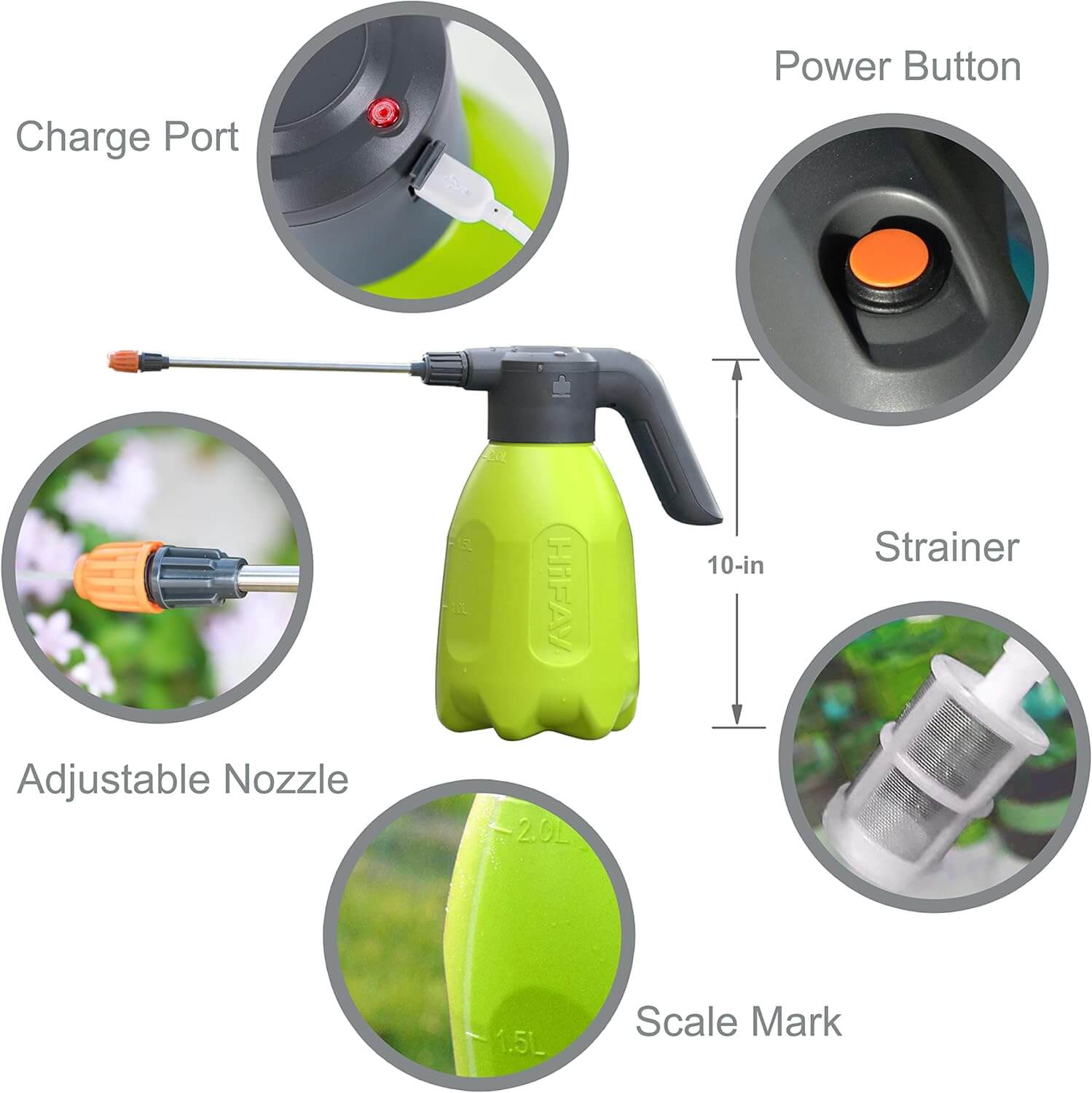 Electric rechargeable sprayer with adjustable nozzle, charge port, power button, strainer, and scale markings for easy use.