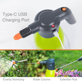 Electric sprayer with Type-C USB charging port and adjustable nozzle for various spray patterns.