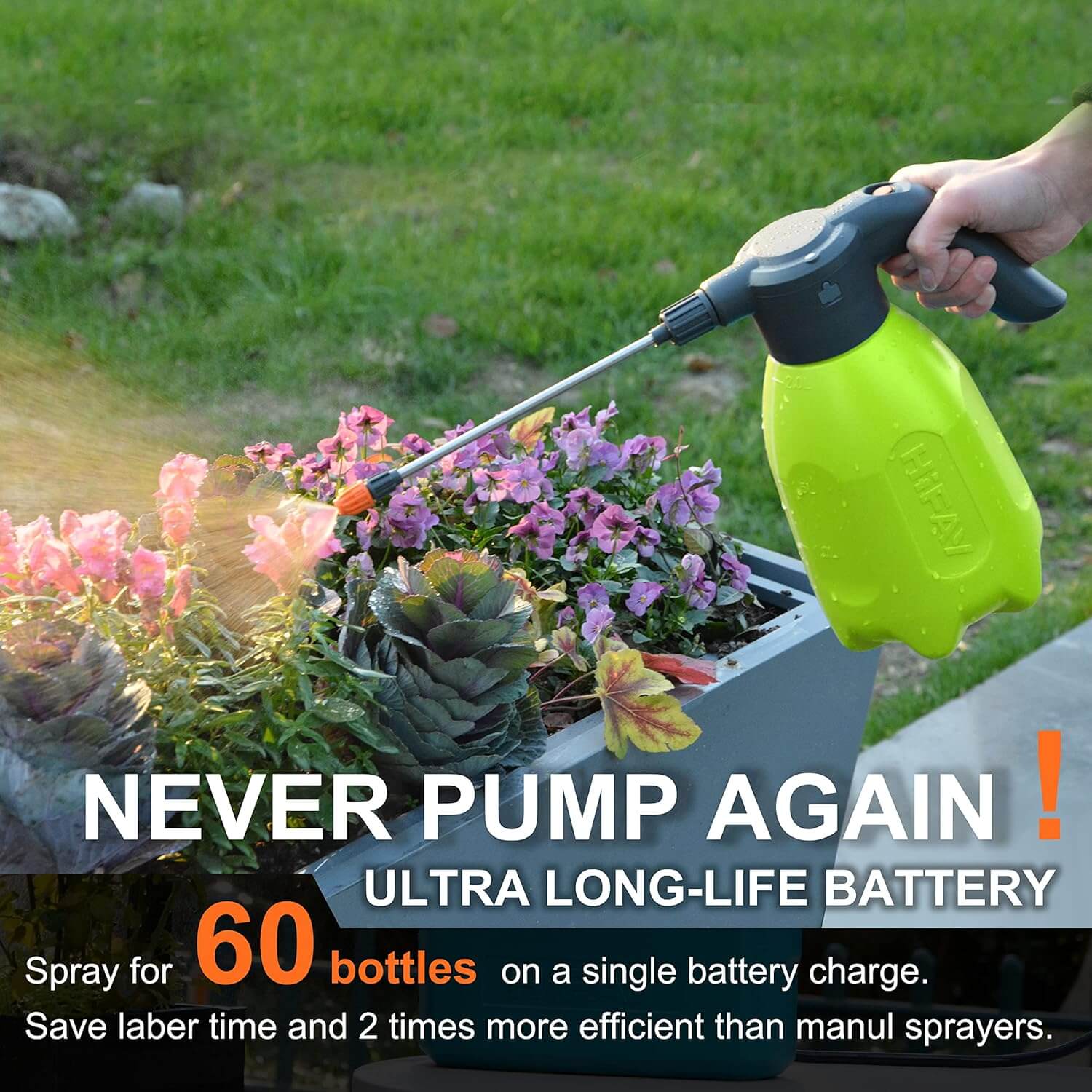 Rechargeable electric sprayer watering flowers, showcasing long battery life and no pumping required.