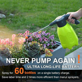 Rechargeable electric sprayer watering flowers, showcasing long battery life and no pumping required.