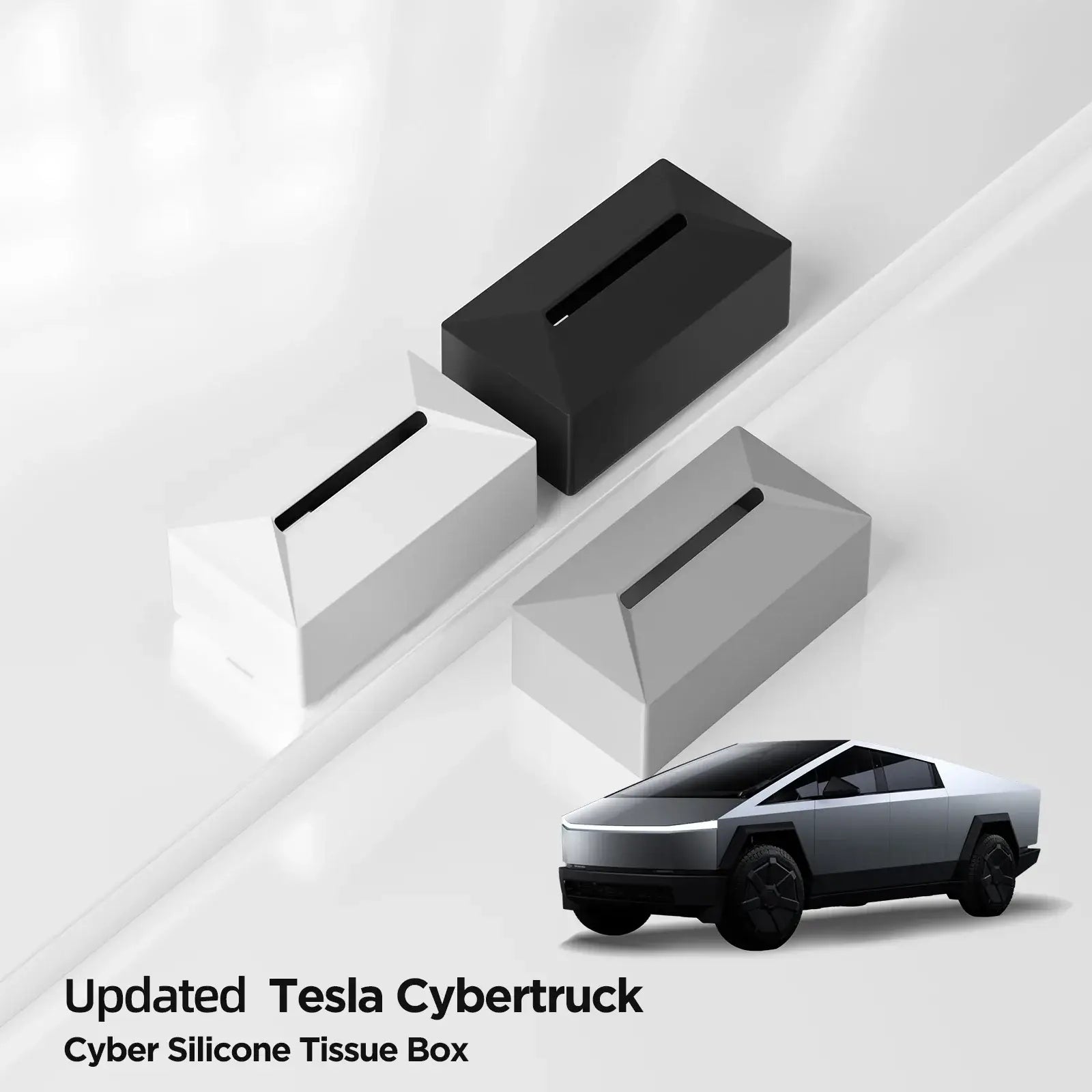Tesla Cybertruck silicone tissue box set in black, white, and gray, durable auto interior accessory for car tissue storage.
