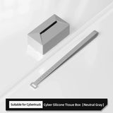 Cyber Silicone Tissue Box for Tesla Cybertruck in neutral gray with fixing strap for car interior organization.