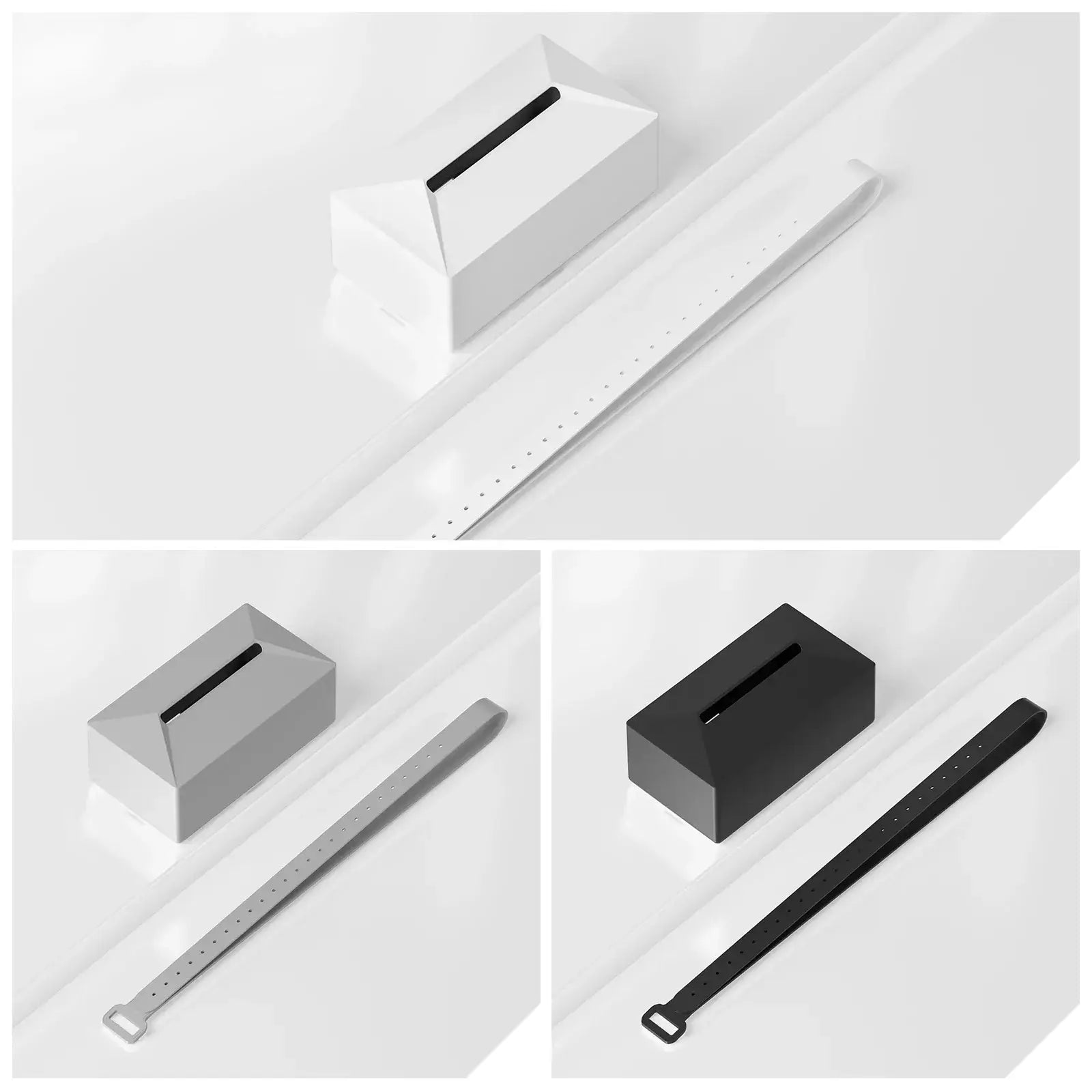 Silicone tissue holder box for Tesla Cybertruck with fix strap in black, grey, and white colors for car interior decor.