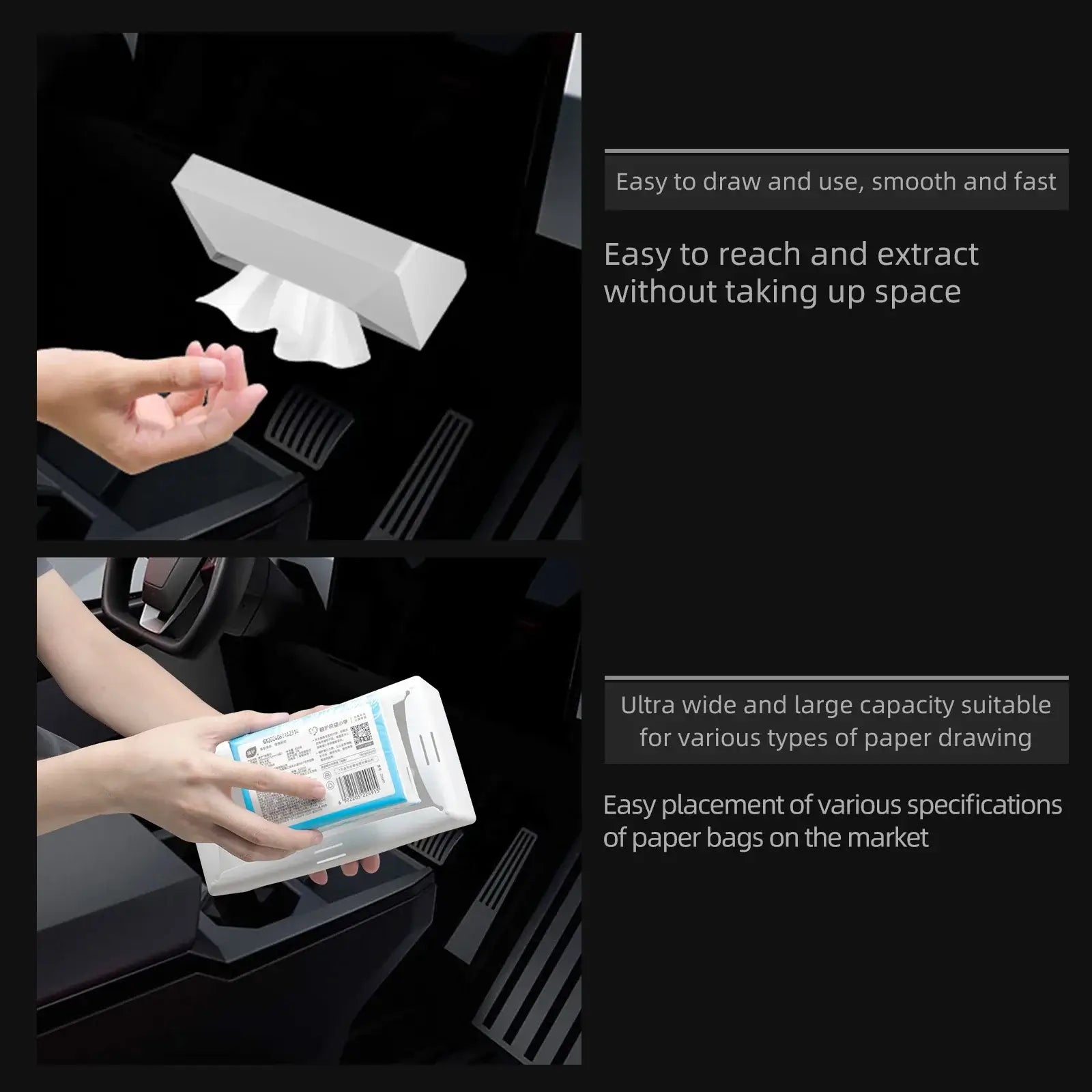 Easy-to-use Tesla Cybertruck silicone tissue holder with space-saving design for various paper bags.