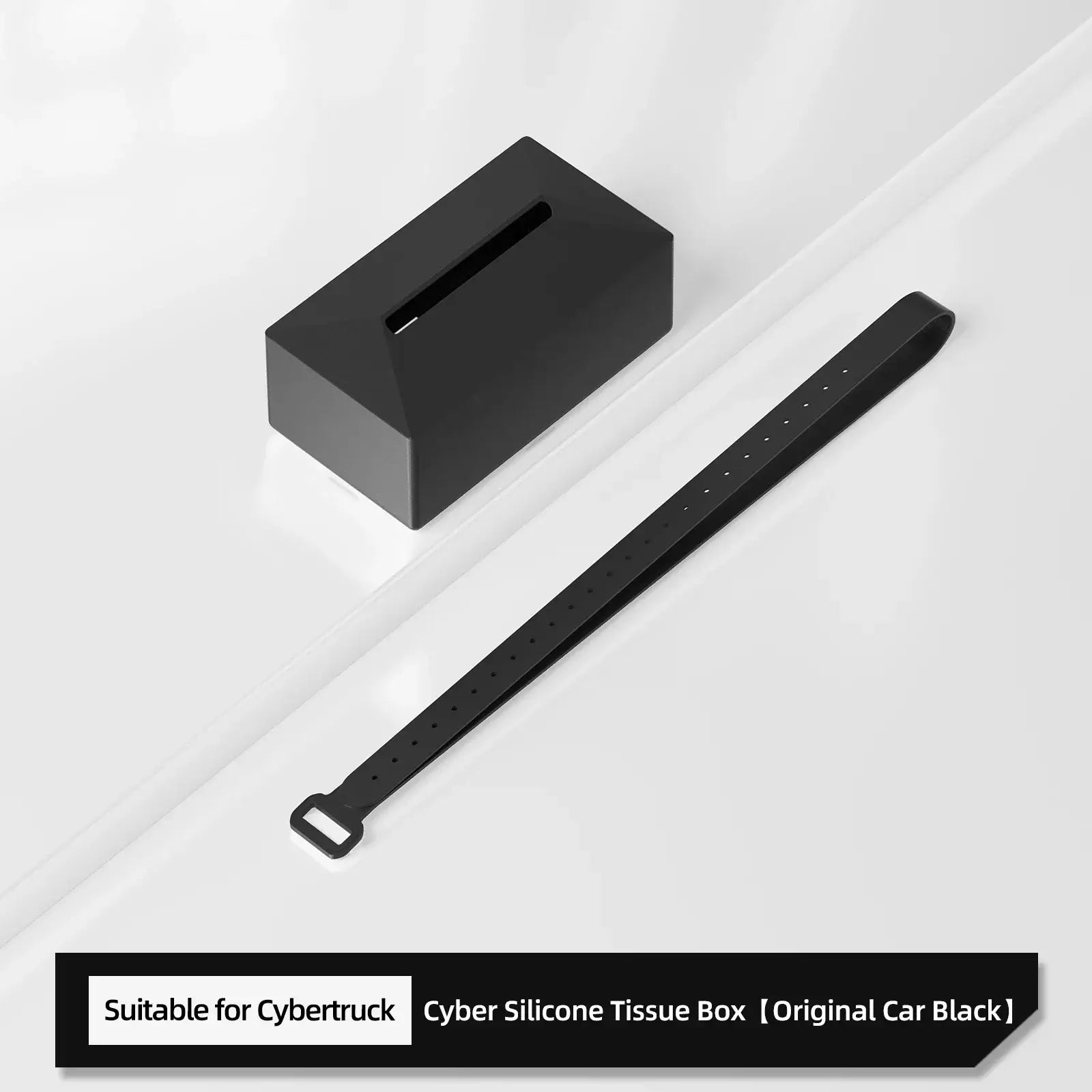 Tesla Cybertruck black silicone tissue holder box with strap, perfect for car interior accessories.
