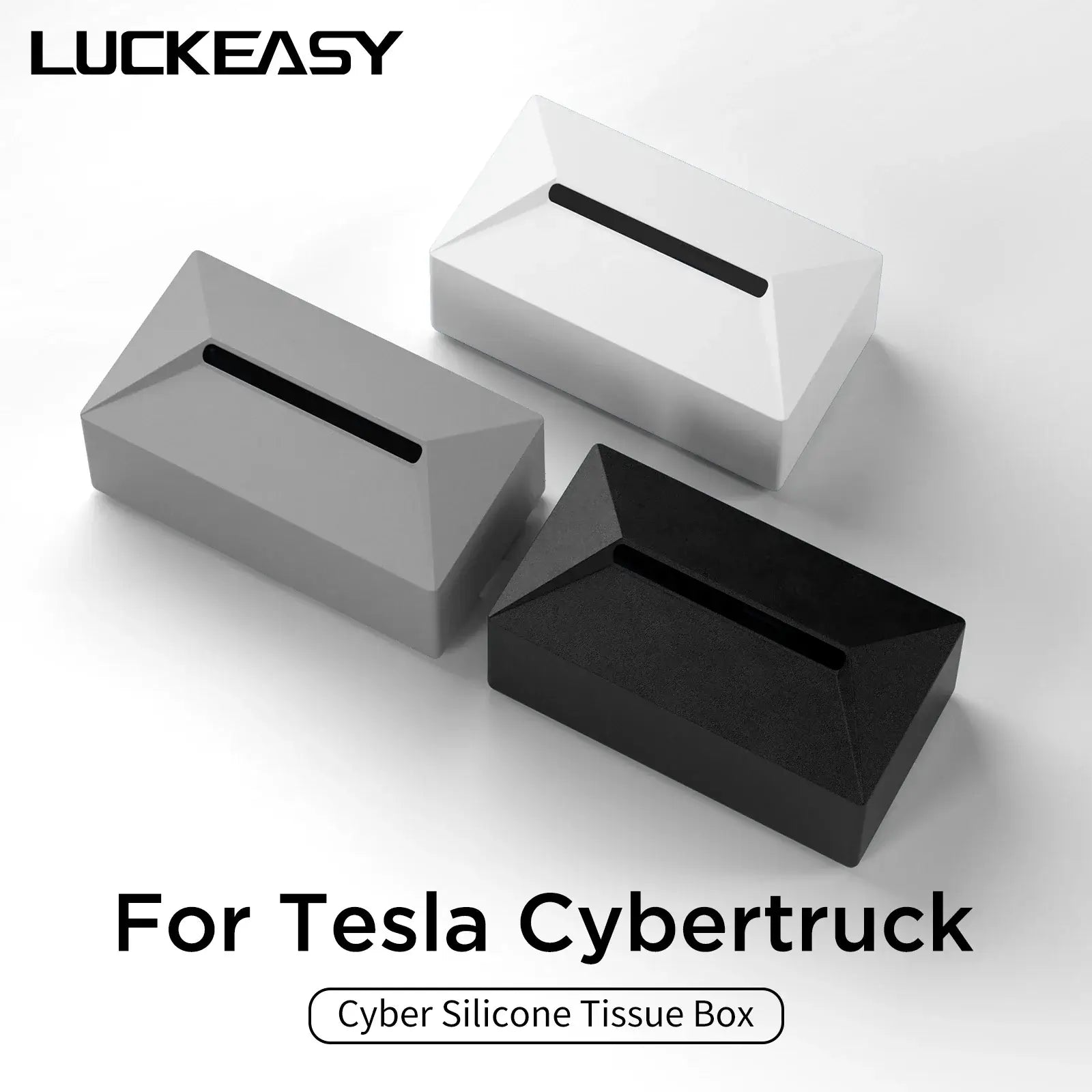 Tesla Cybertruck silicone tissue box in black, white, and gray, designed for car interior, with stylish fix strap.