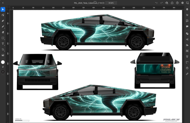 Stylized Tesla Cybertruck design featuring storm-themed graphics showcasing all angles.